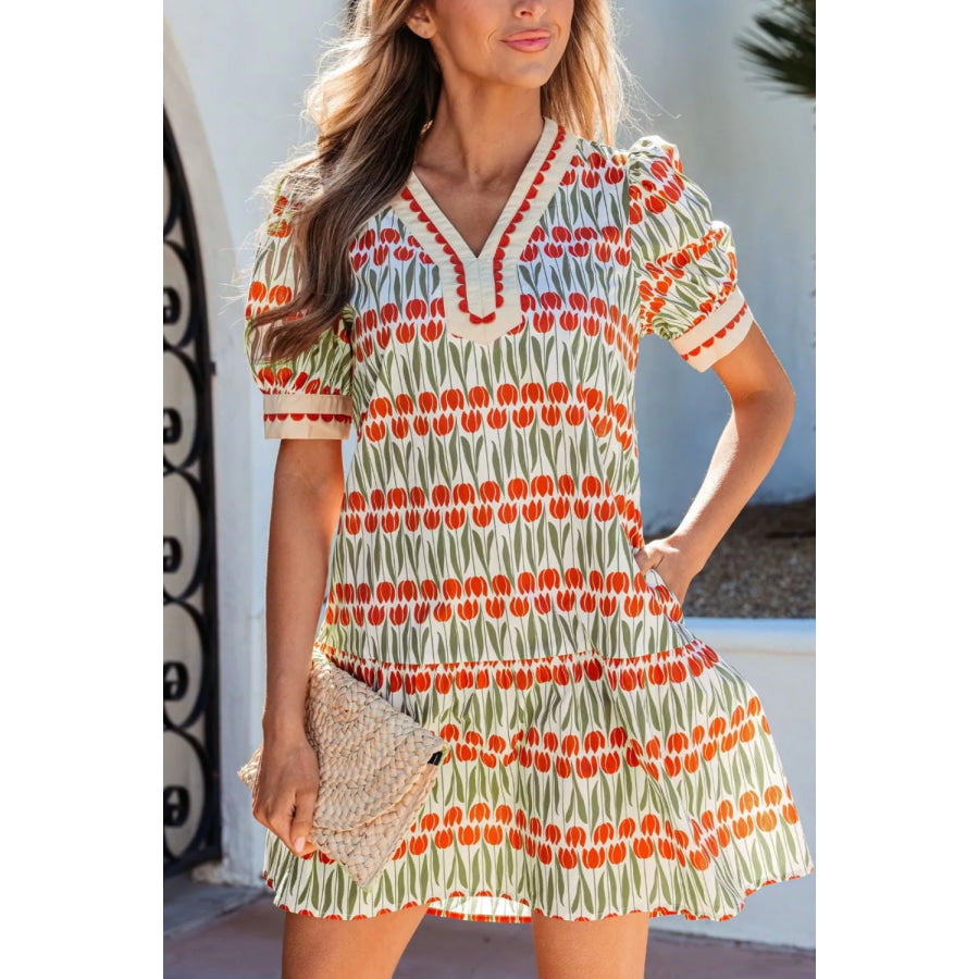 Tulip Floral Print Cotton Puff Short Sleeve Mini Dress Apparel and Accessories