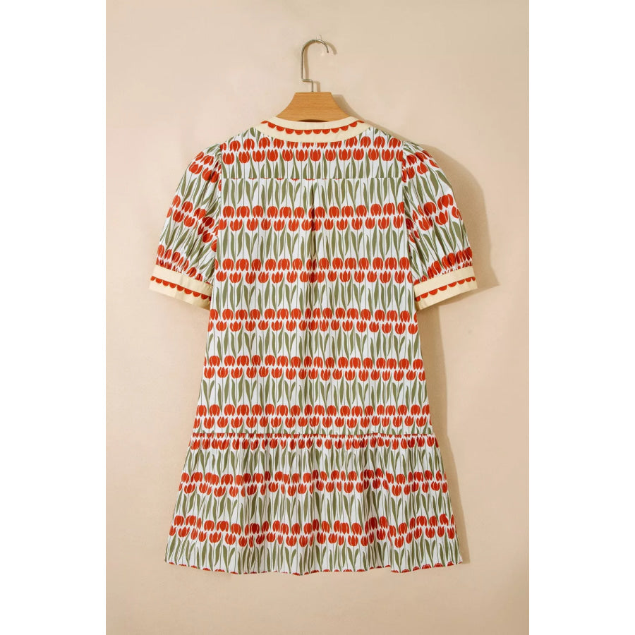 Tulip Floral Print Cotton Puff Short Sleeve Mini Dress Apparel and Accessories