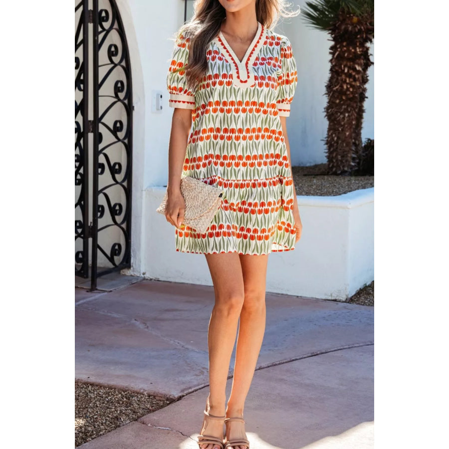 Tulip Floral Print Cotton Puff Short Sleeve Mini Dress Apparel and Accessories