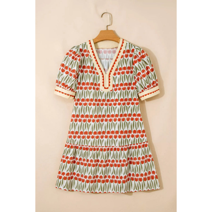 Tulip Floral Print Cotton Puff Short Sleeve Mini Dress Apparel and Accessories