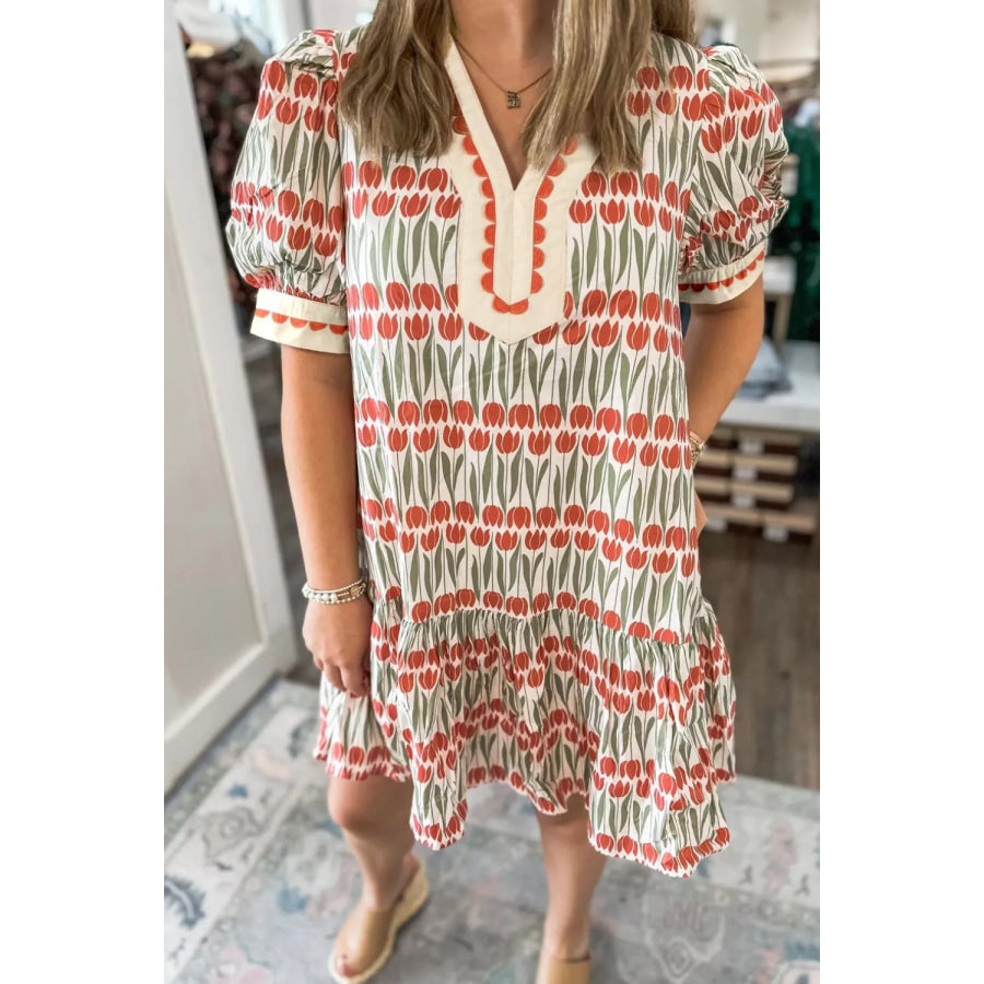 Tulip Floral Print Cotton Puff Short Sleeve Mini Dress Apparel and Accessories