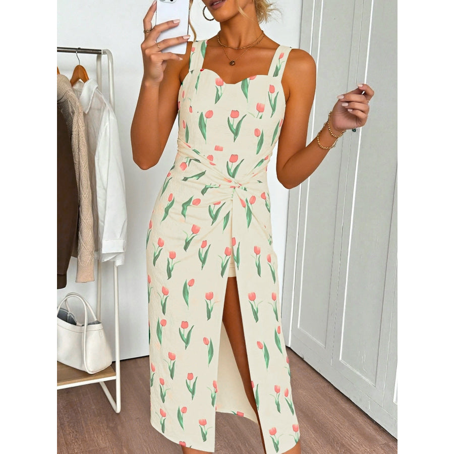 Tulip Print Twist Front Slit Cami Dress Apparel and Accessories