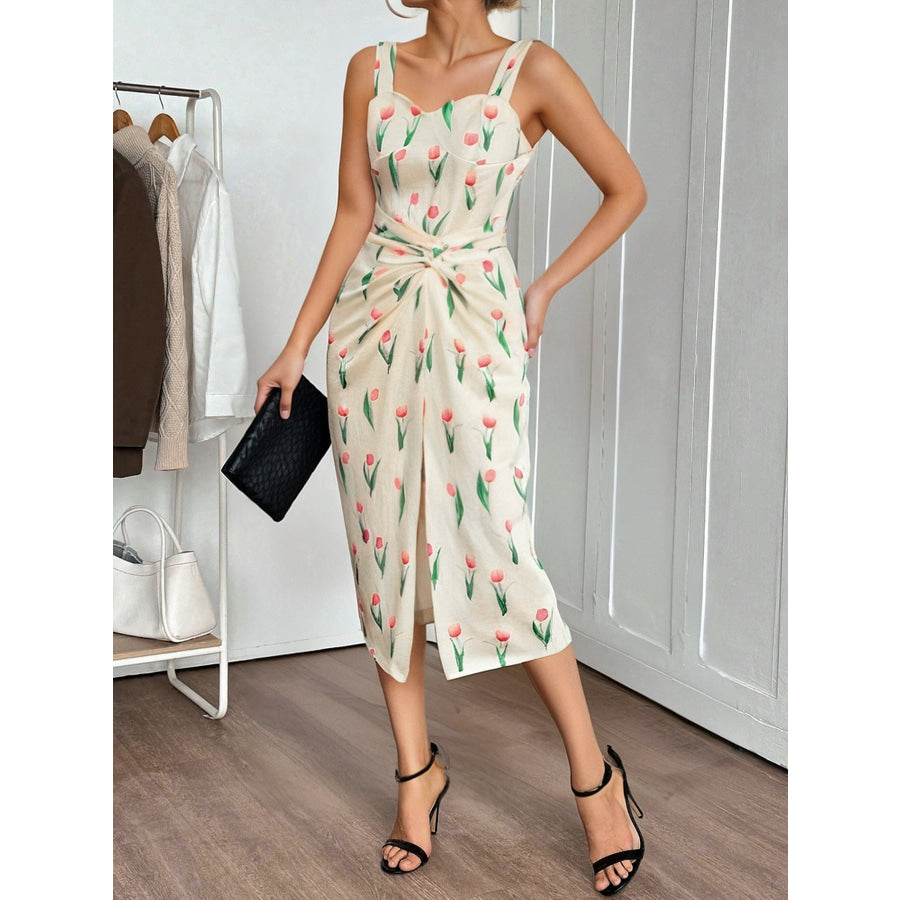 Tulip Print Twist Front Slit Cami Dress Apricot / S Apparel and Accessories
