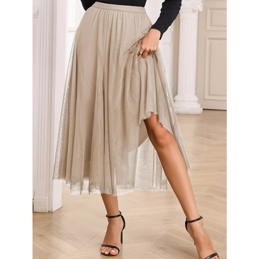 Tulle Mesh Overlay Flared Midi Skirt Dust Storm / S Apparel and Accessories