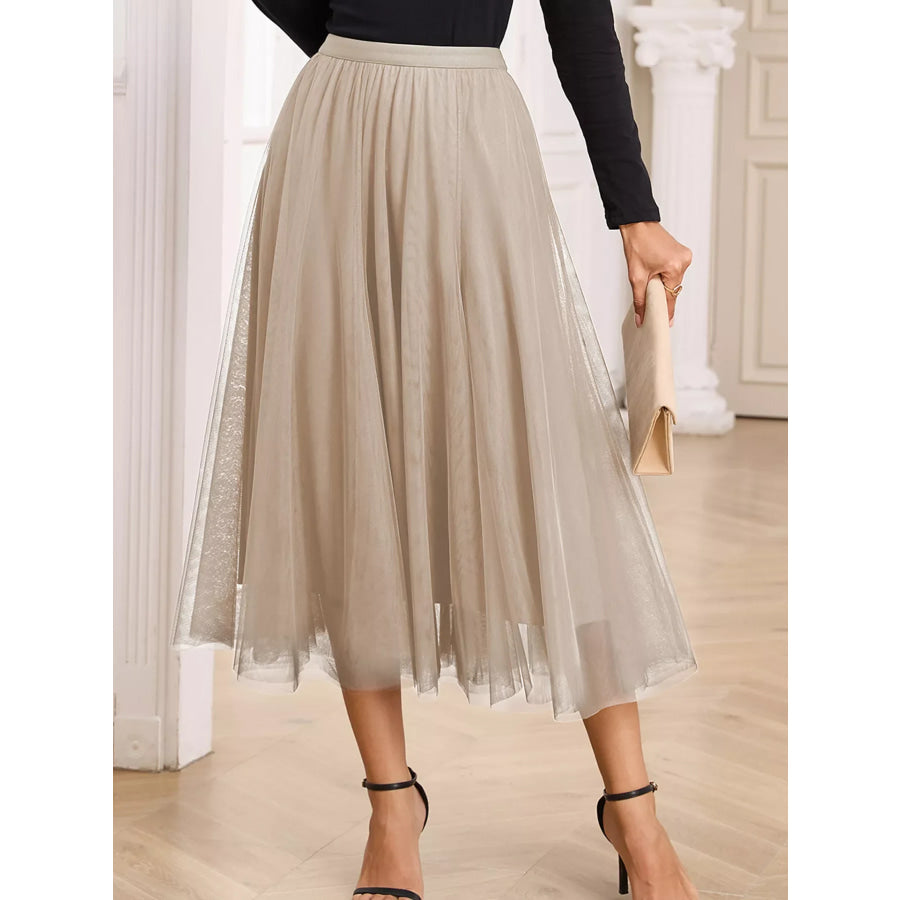 Tulle Mesh Overlay Flared Midi Skirt Dust Storm / S Apparel and Accessories