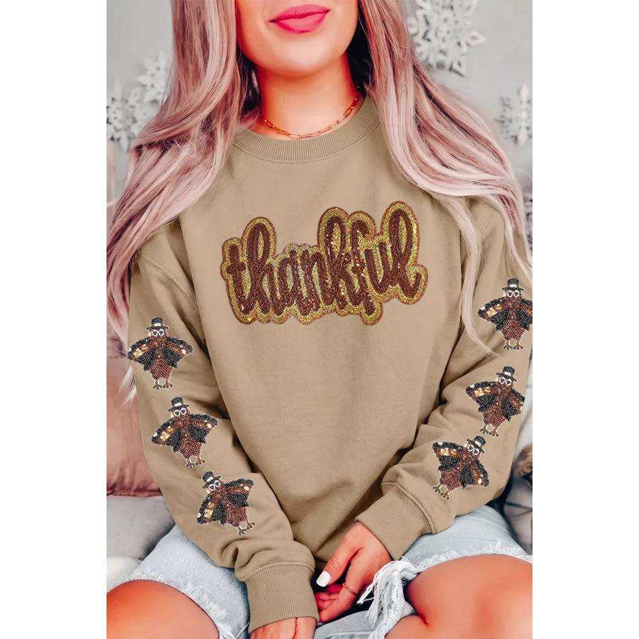 Turkey Season Thankful Sequin Sweatshirt Khaki / S Apparel and Accessories