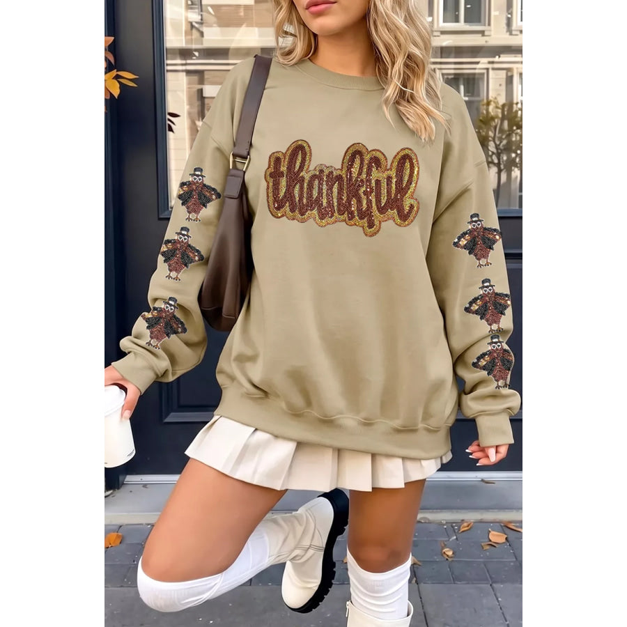 Turkey Season Thankful Sequin Sweatshirt Khaki / S Apparel and Accessories