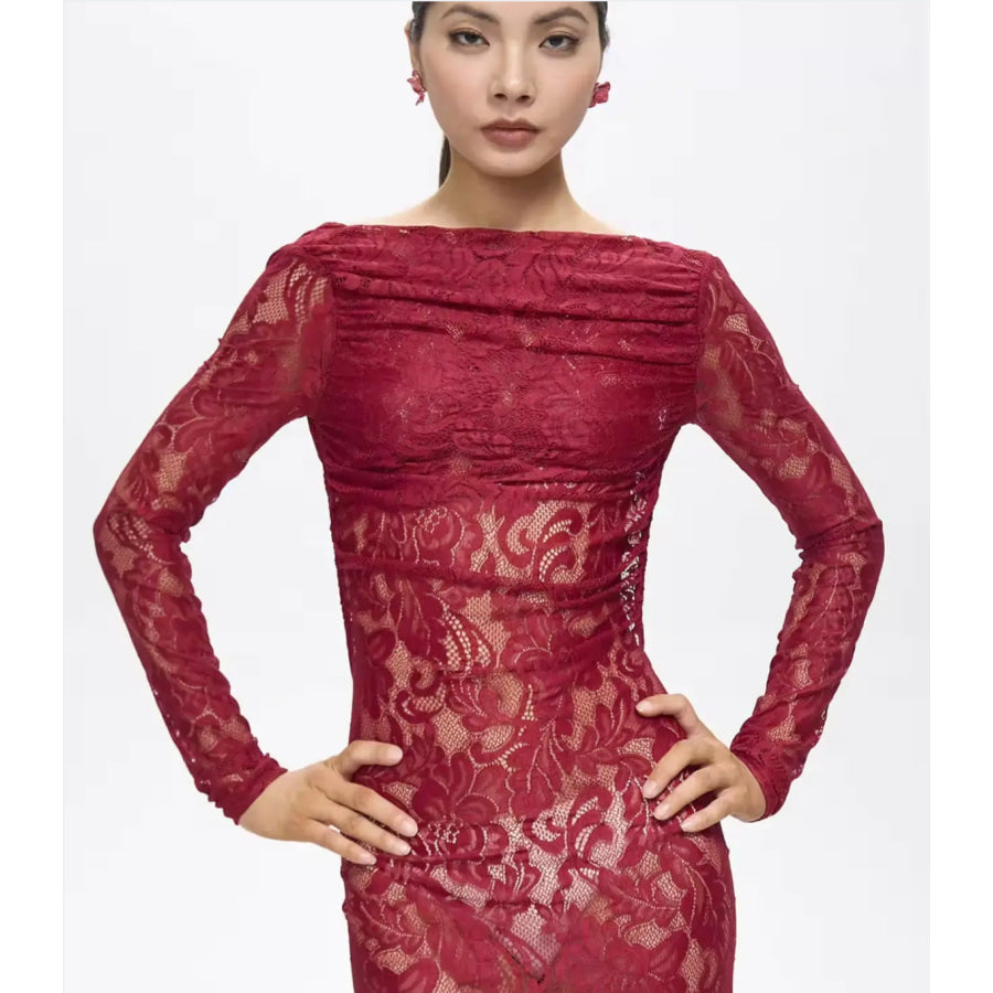 Turo Backless Floral Lace Maxi Dress Red Women’s Fashion - Weddings & Events - Quinceanera Dresses
