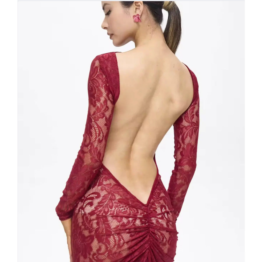 Turo Backless Floral Lace Maxi Dress Red Women’s Fashion - Weddings & Events - Quinceanera Dresses