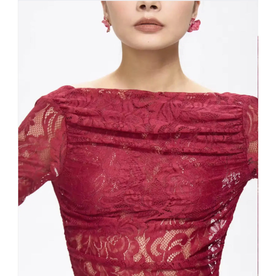 Turo Backless Floral Lace Maxi Dress Red Women’s Fashion - Weddings & Events - Quinceanera Dresses