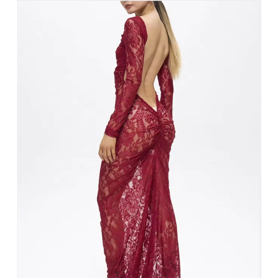 Turo Backless Floral Lace Maxi Dress Red Women’s Fashion - Weddings & Events - Quinceanera Dresses