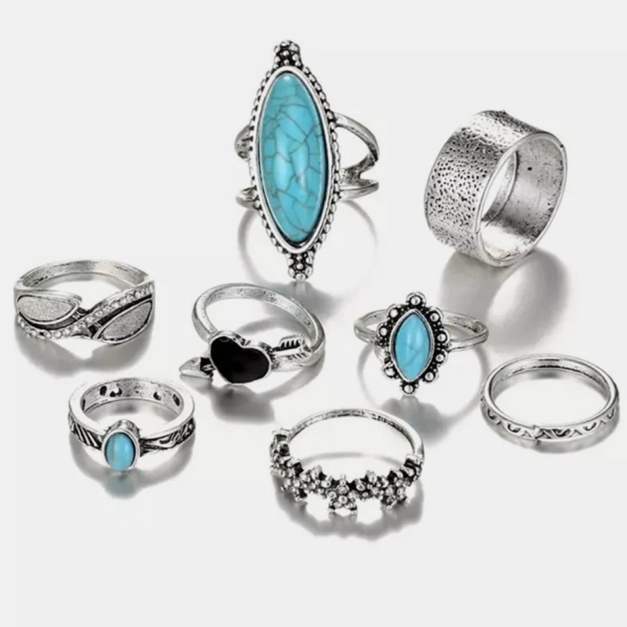 Turquoise Alloy 8-Piece Ring Set Silver / One Size Apparel and Accessories