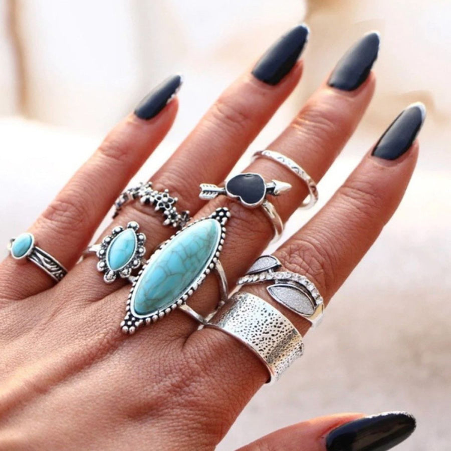 Turquoise Alloy 8-Piece Ring Set Silver / One Size Apparel and Accessories
