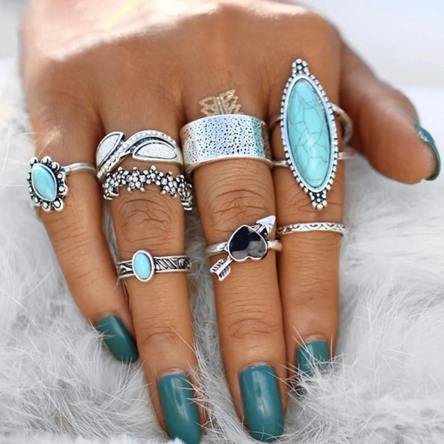 Turquoise Alloy 8-Piece Ring Set Silver / One Size Apparel and Accessories