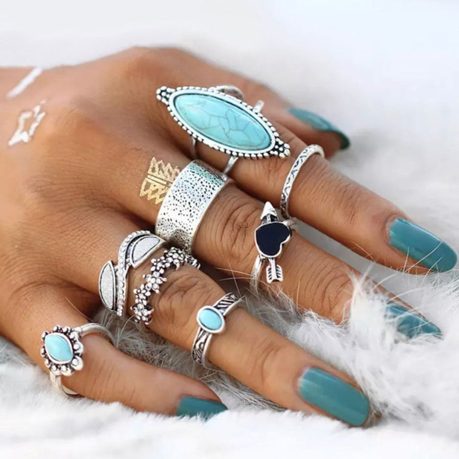 Turquoise Alloy 8-Piece Ring Set Silver / One Size Apparel and Accessories