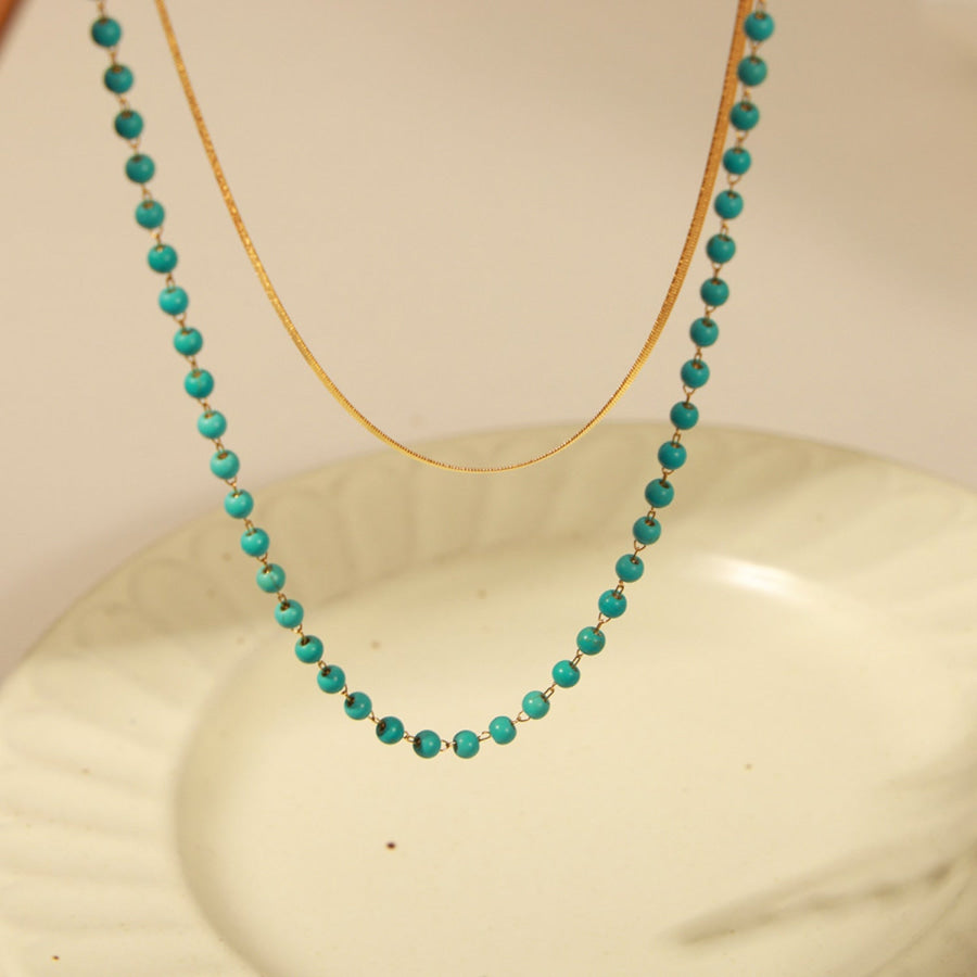 Turquoise Titanium Steel Double - Layered Necklace Gold / One Size Apparel and Accessories