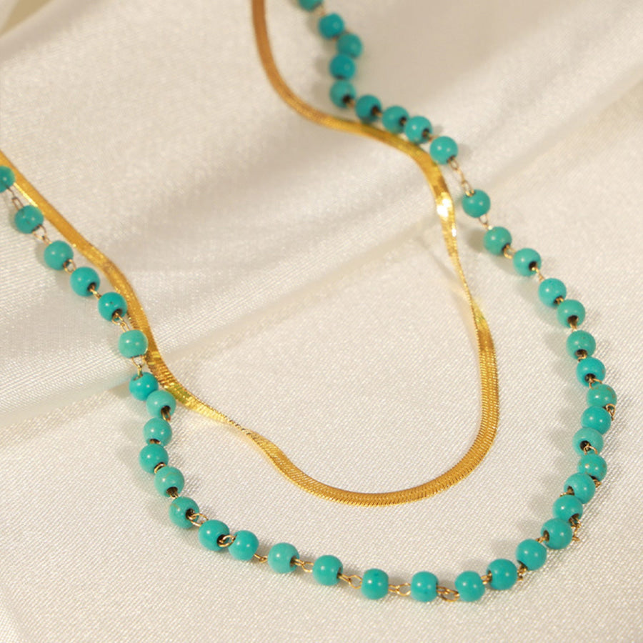 Turquoise Titanium Steel Double - Layered Necklace Gold / One Size Apparel and Accessories