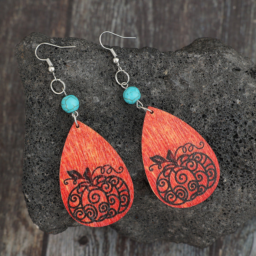 Turquoise Wooden Pumpkin Teardrop Earrings Silver / One Size Apparel and Accessories