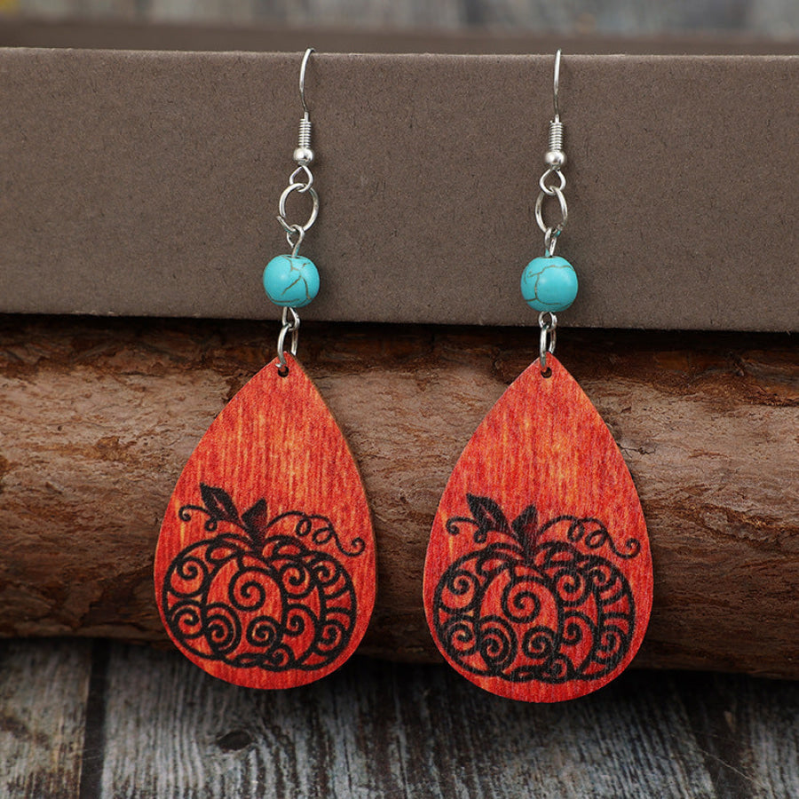 Turquoise Wooden Pumpkin Teardrop Earrings Silver / One Size Apparel and Accessories