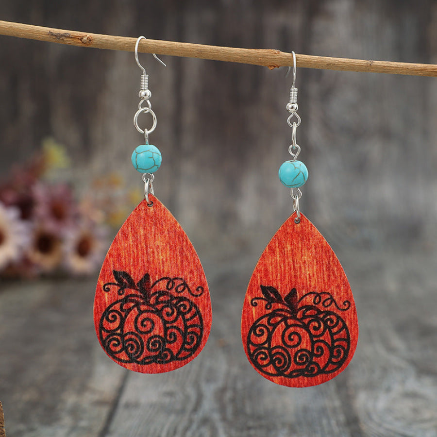 Turquoise Wooden Pumpkin Teardrop Earrings Silver / One Size Apparel and Accessories