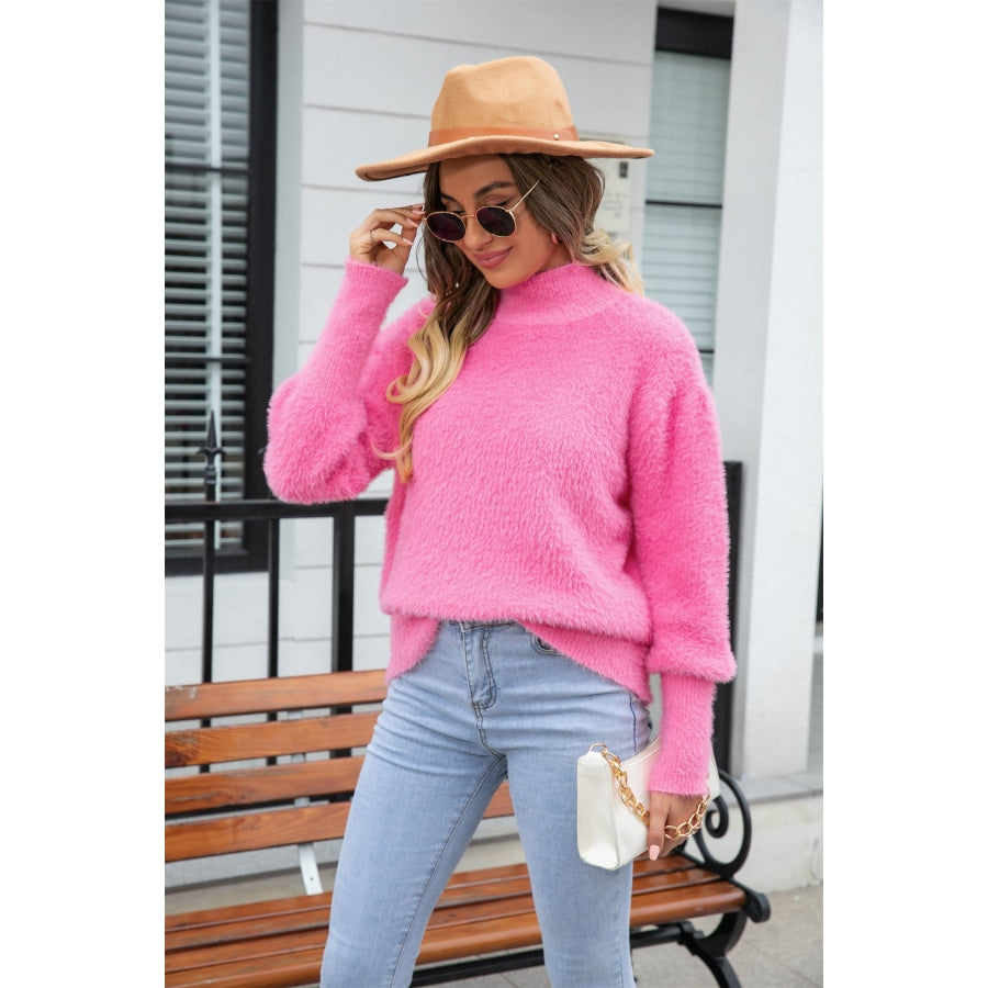 Turtle Neck Long Sleeve Pullover Sweater Fuchsia Pink / S