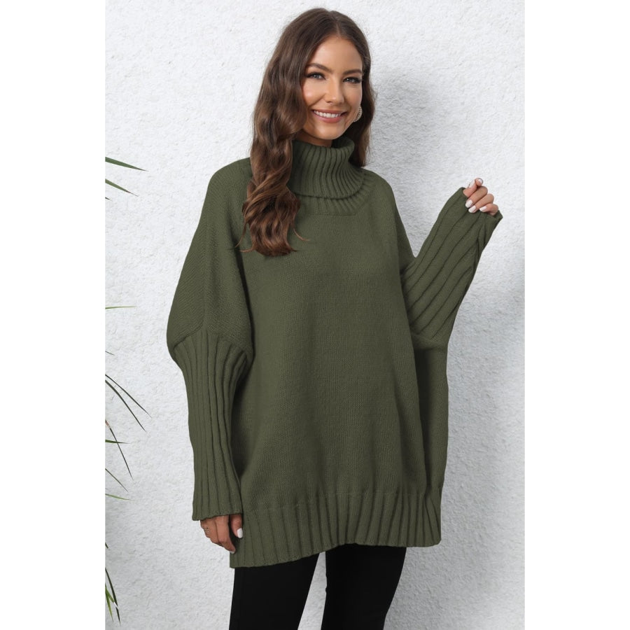 Turtle Neck Long Sleeve Ribbed Sweater Army Green / One Size