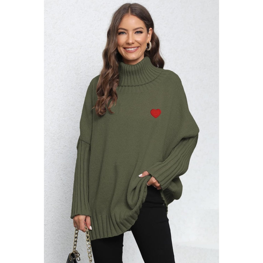 Turtle Neck Long Sleeve Ribbed Sweater Army Green / One Size