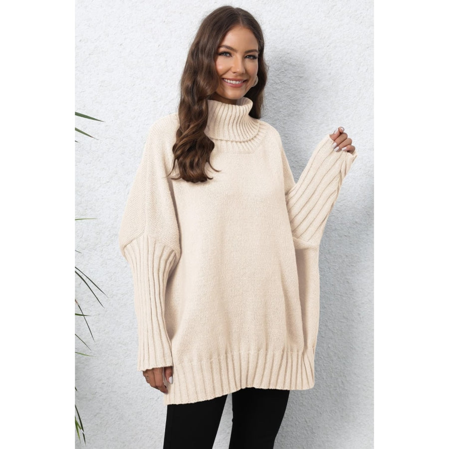 Turtle Neck Long Sleeve Ribbed Sweater Beige / One Size