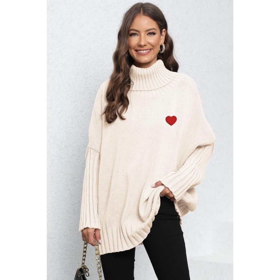 Turtle Neck Long Sleeve Ribbed Sweater Beige / One Size