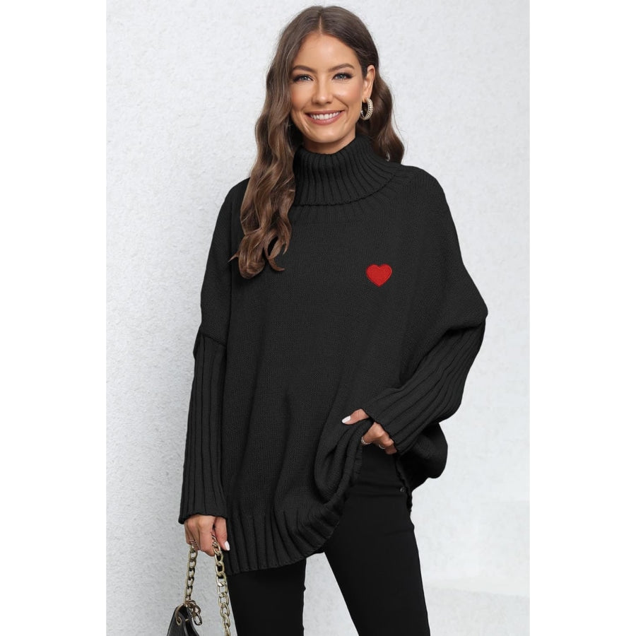 Turtle Neck Long Sleeve Ribbed Sweater Black / One Size