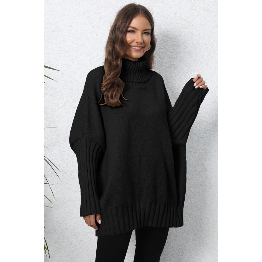 Turtle Neck Long Sleeve Ribbed Sweater Black / One Size