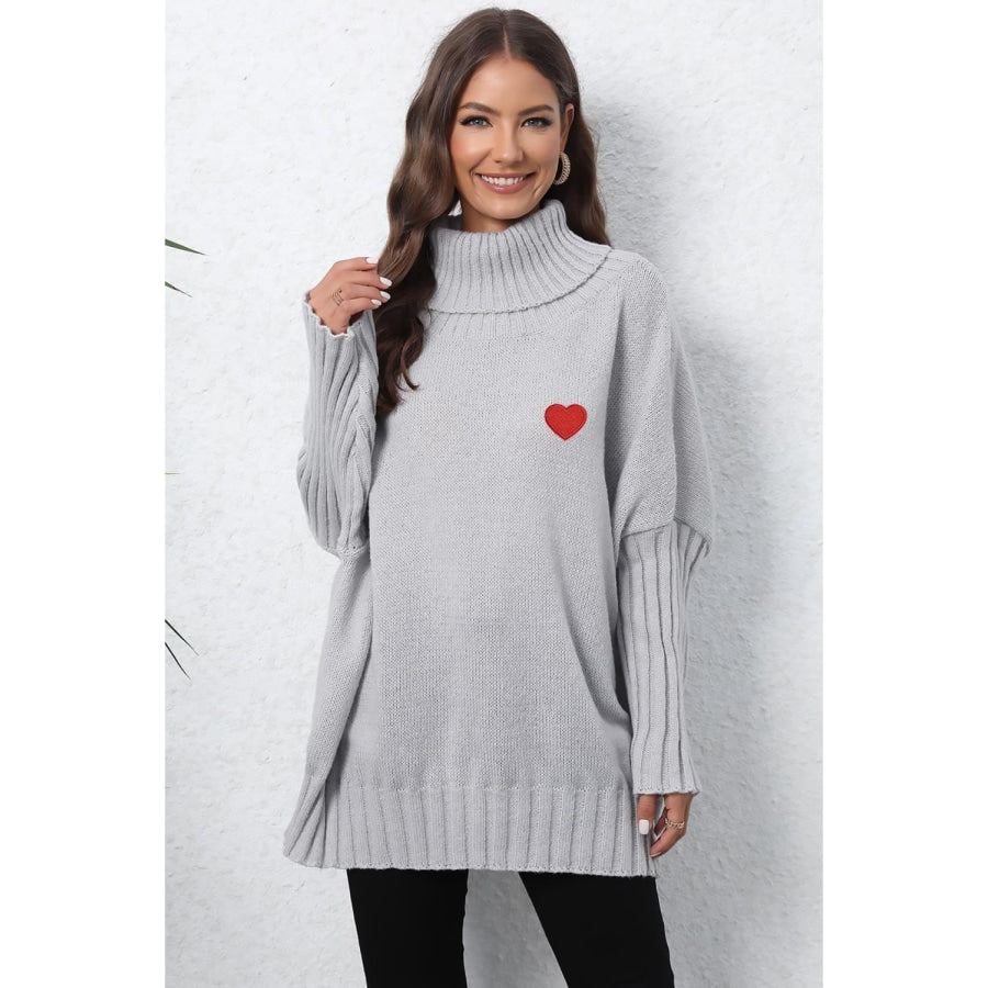 Turtle Neck Long Sleeve Ribbed Sweater Light Gray / One Size