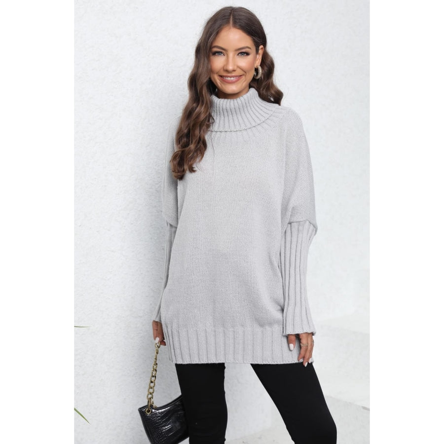 Turtle Neck Long Sleeve Ribbed Sweater Light Gray / One Size