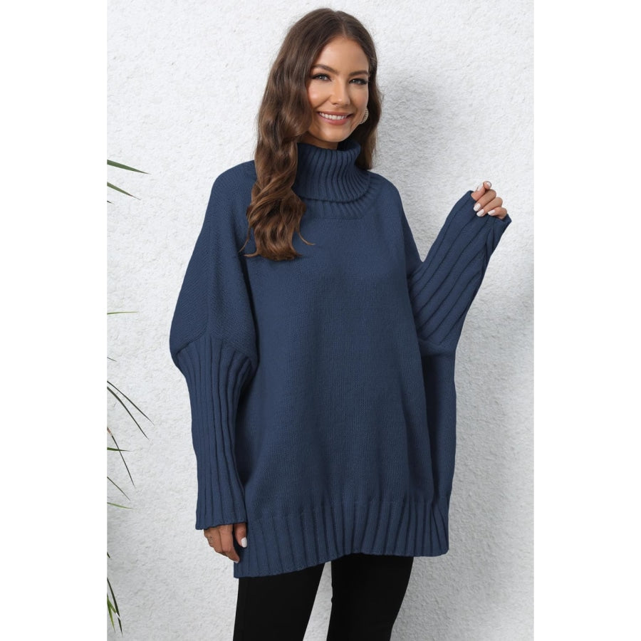 Turtle Neck Long Sleeve Ribbed Sweater Navy / One Size