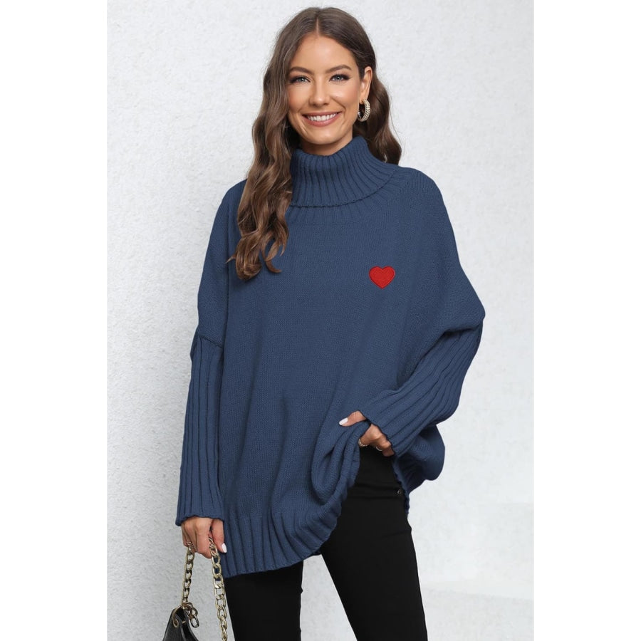 Turtle Neck Long Sleeve Ribbed Sweater Navy / One Size