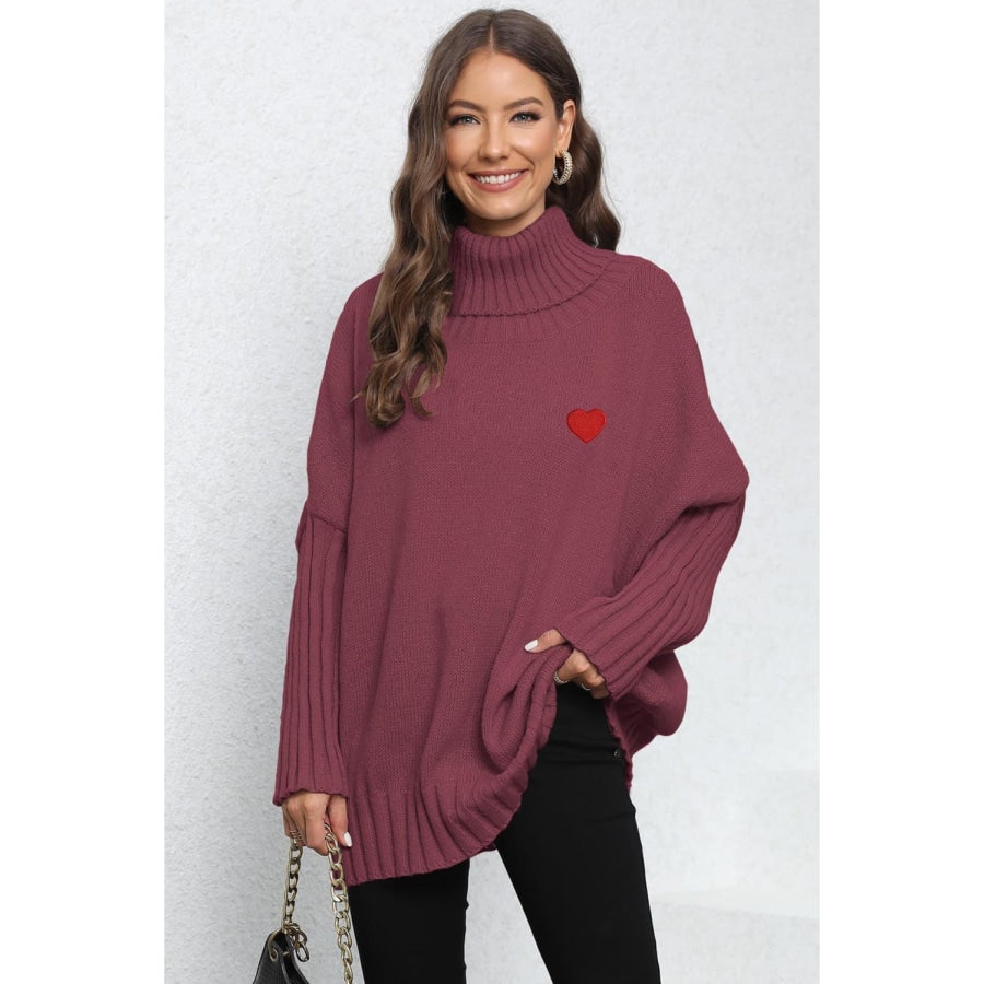 Turtle Neck Long Sleeve Ribbed Sweater Wine / One Size