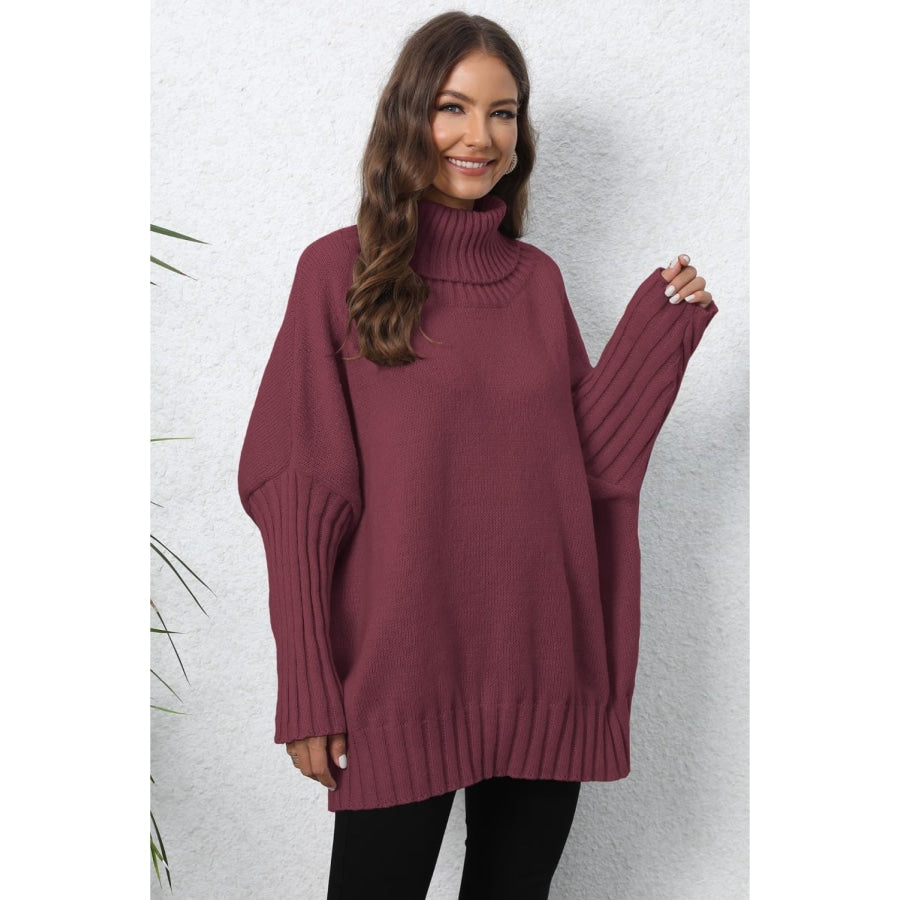 Turtle Neck Long Sleeve Ribbed Sweater Wine / One Size