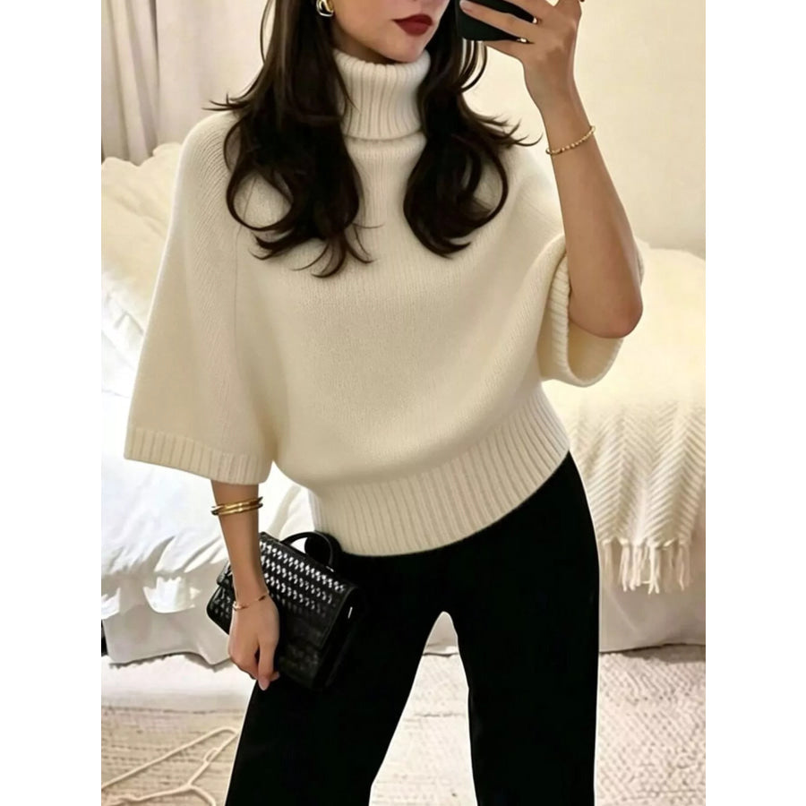 Turtleneck Batwing Sleeve Sweater Beige / S Apparel and Accessories