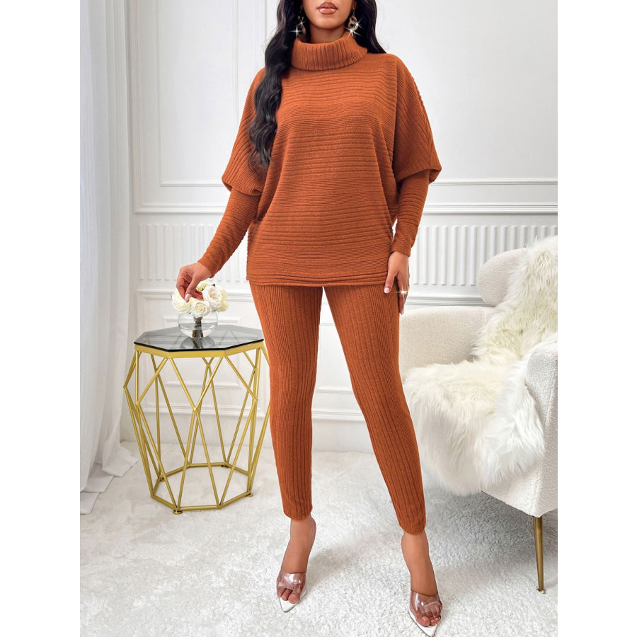 Turtleneck Batwing Sleeve Top and Pants Set Apparel and Accessories
