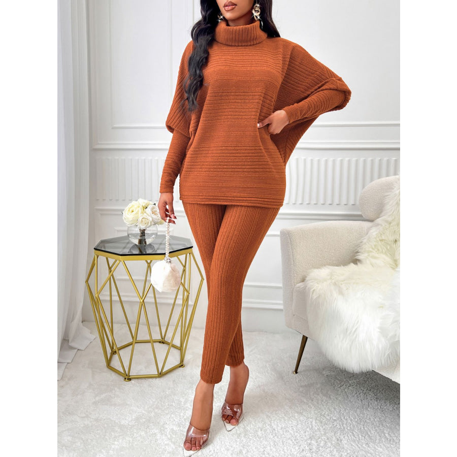 Turtleneck Batwing Sleeve Top and Pants Set Terracotta / M Apparel and Accessories