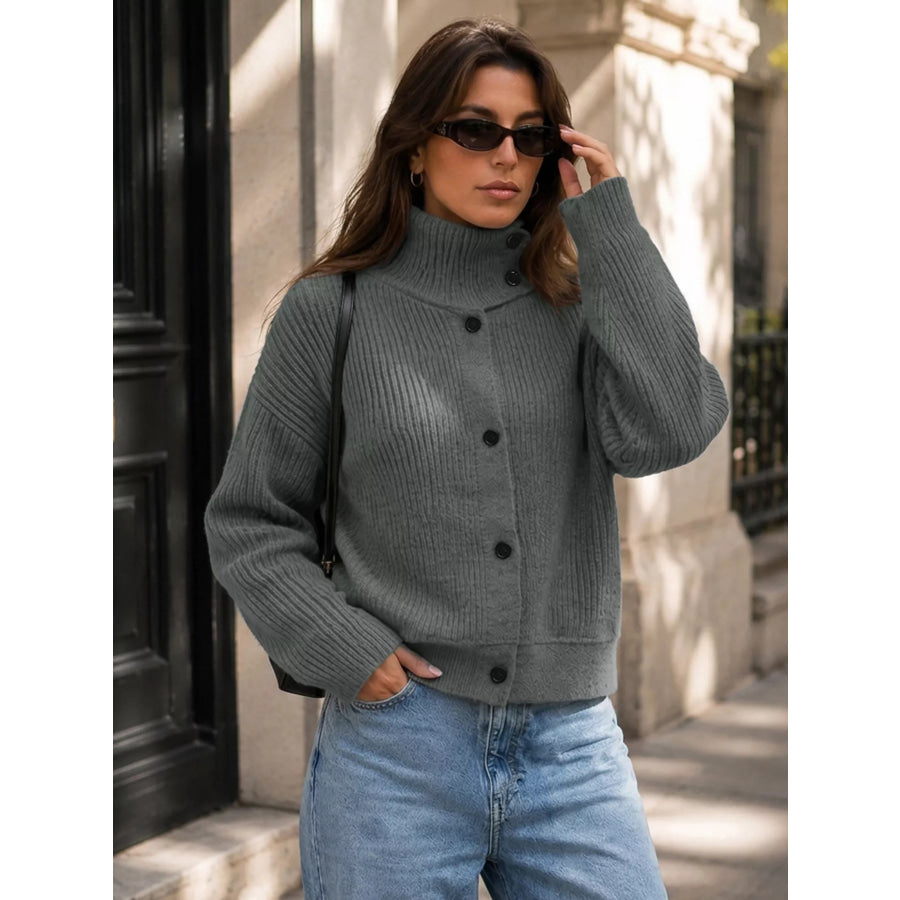 Turtleneck Button-Down Cardigan Dark Gray / S Apparel and Accessories