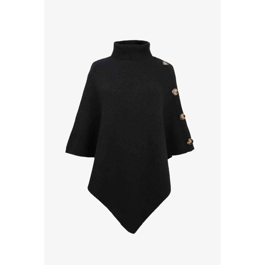 Turtleneck Buttoned Poncho Black / One Size Clothing