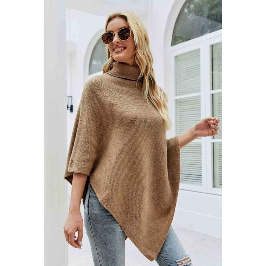 Turtleneck Buttoned Poncho Caramel / One Size Clothing