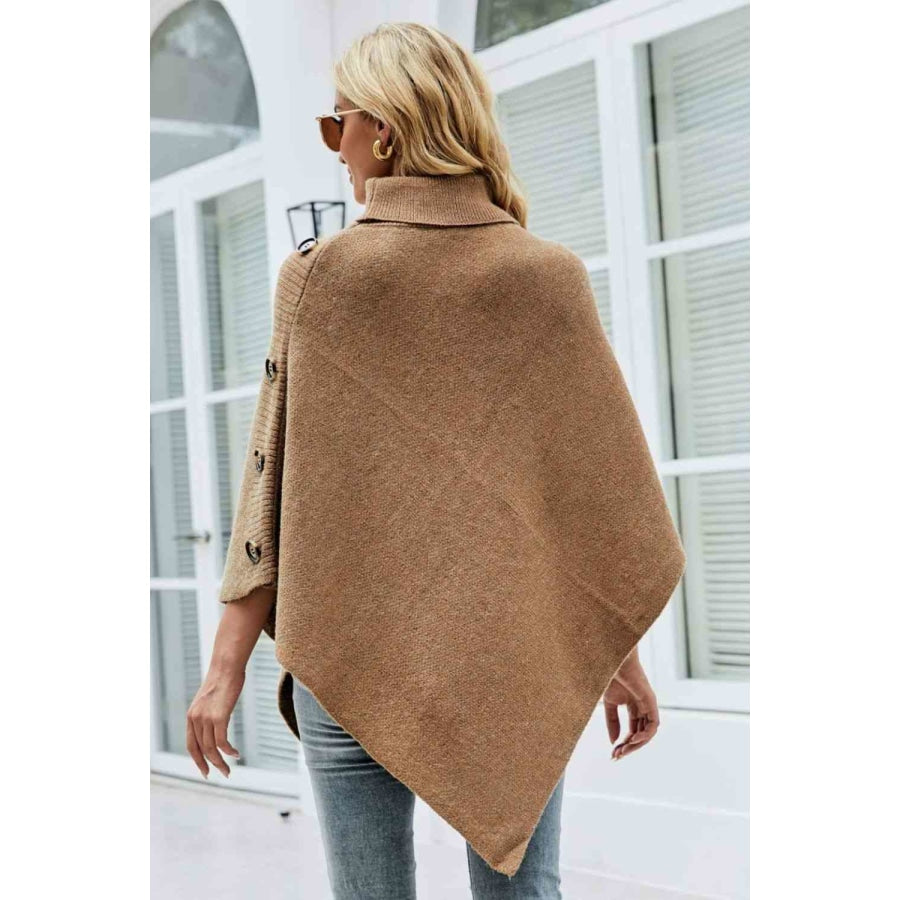 Turtleneck Buttoned Poncho Caramel / One Size Clothing