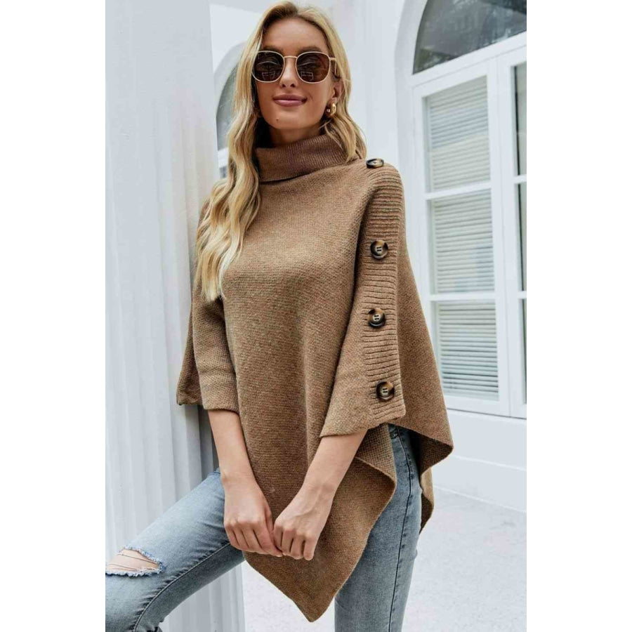 Turtleneck Buttoned Poncho Clothing