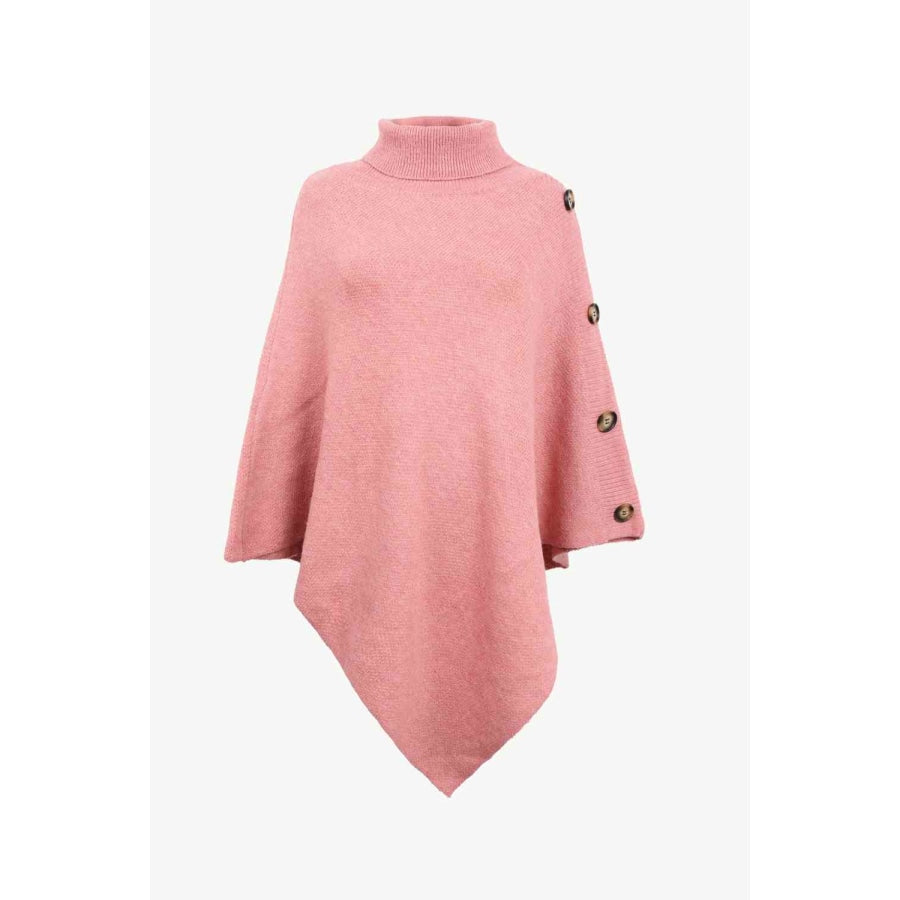 Turtleneck Buttoned Poncho Coral / One Size Clothing