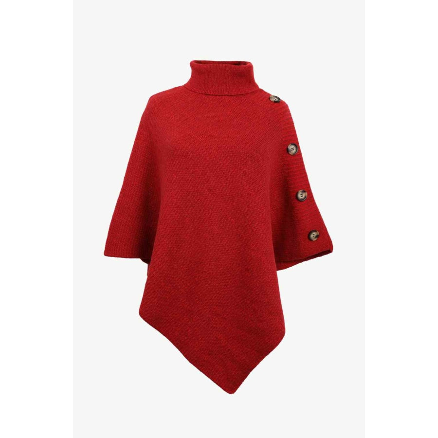 Turtleneck Buttoned Poncho Deep Red / One Size Clothing