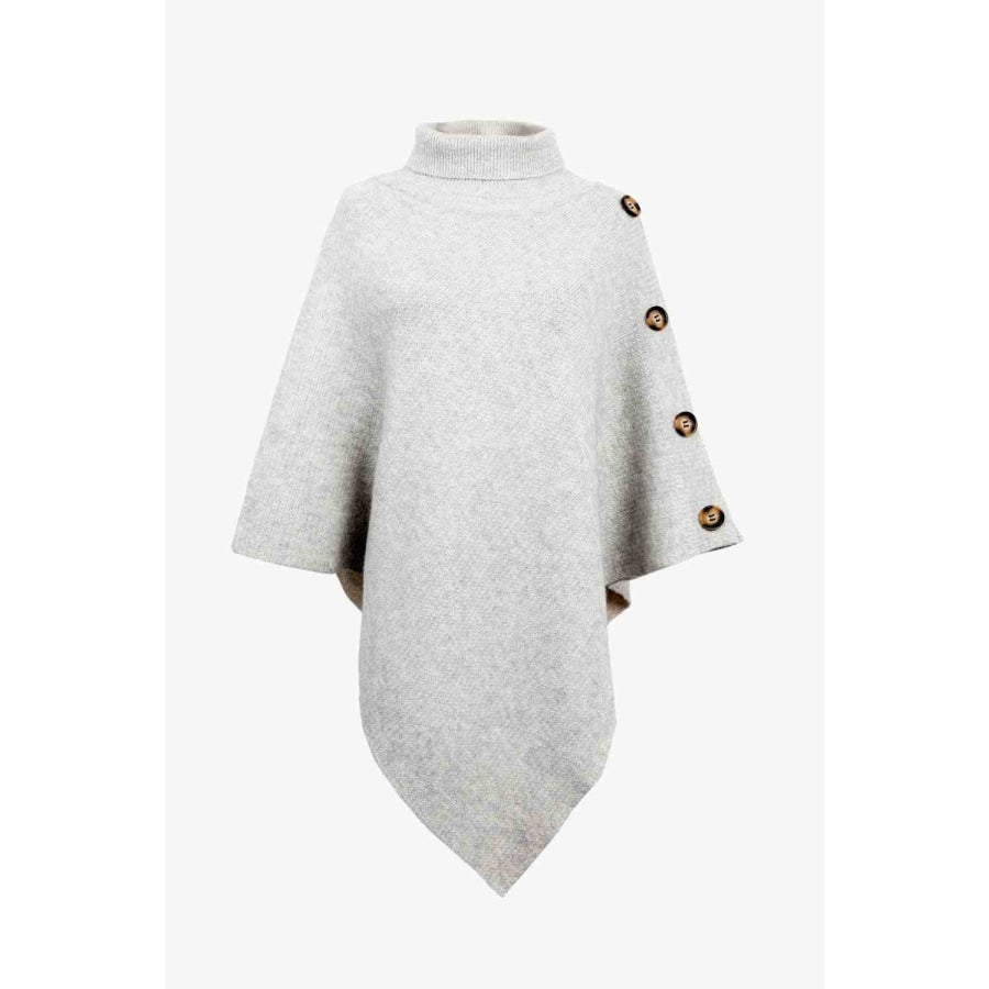 Turtleneck Buttoned Poncho Light Gray / One Size Clothing