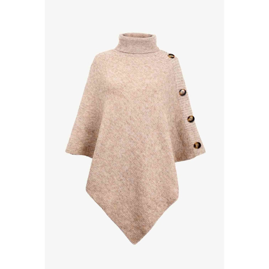 Turtleneck Buttoned Poncho Sand / One Size Clothing