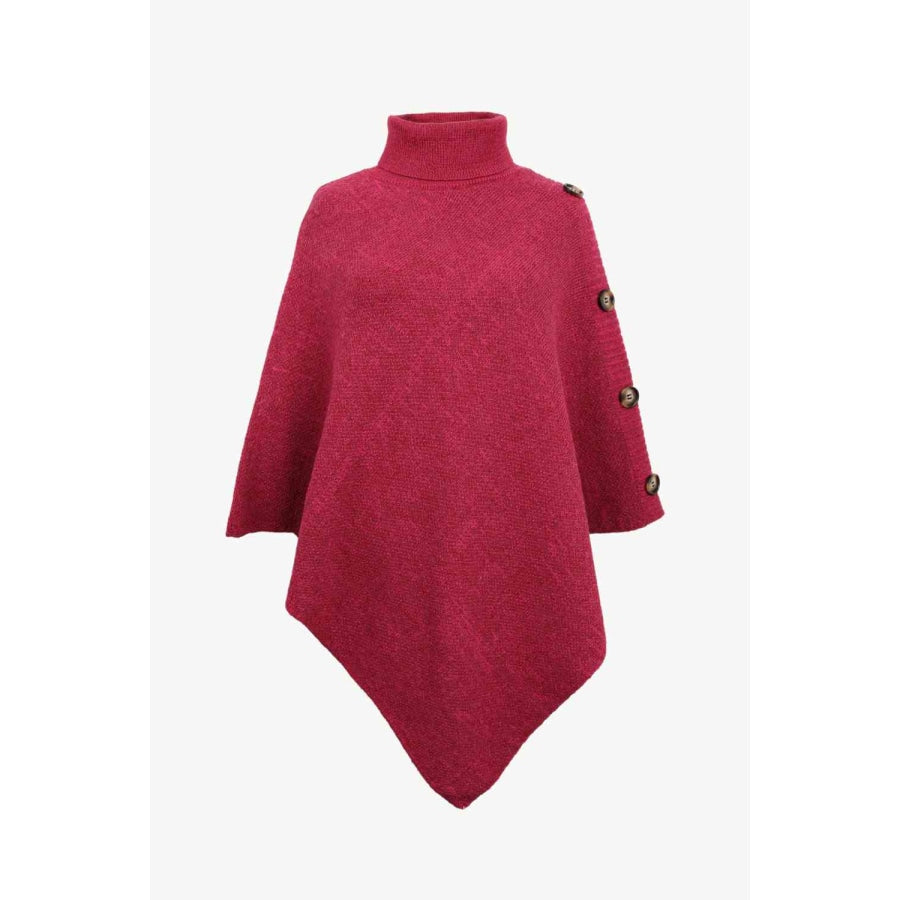 Turtleneck Buttoned Poncho Strawberry / One Size Clothing